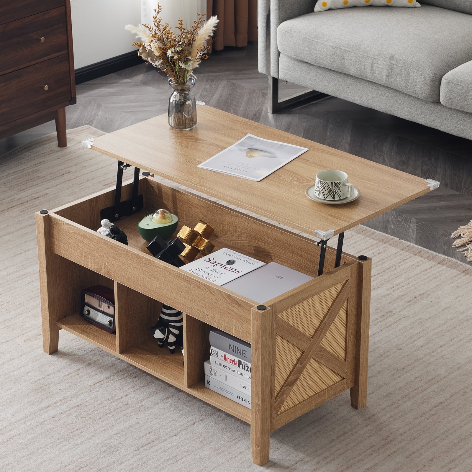 Ktaxon Mid-Century Lift Top Coffee Table, Multi-Functional Lift Tabletop Center Table for Living Room with Hidden Storage Compartment & 3 Cube Shelves, Walnut