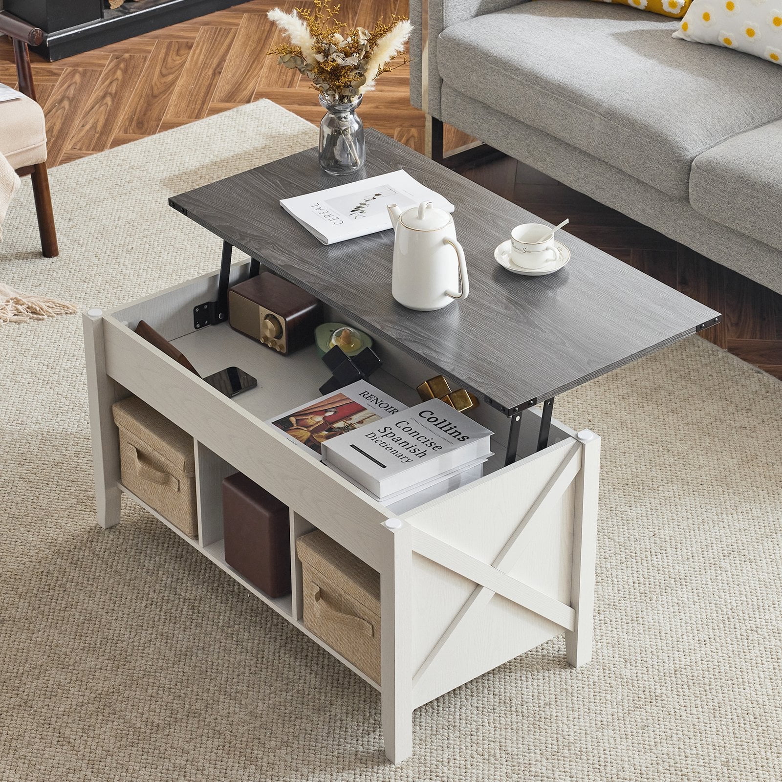 Ktaxon Mid-Century Lift Top Coffee Table, Multi-Functional Lift Tabletop Center Table for Living Room with Hidden Storage Compartment & 3 Cube Shelves, White & Gray