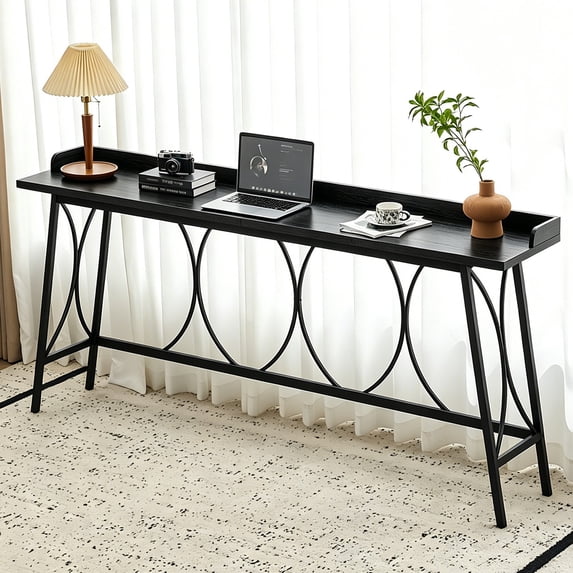 Ktaxon Mid-Century Modern 82-inches Bar table, Long Pub Table with Curved Metal Frame, Rustic Counter Height Desk for Dining Room, Kitchen, Bar, Black