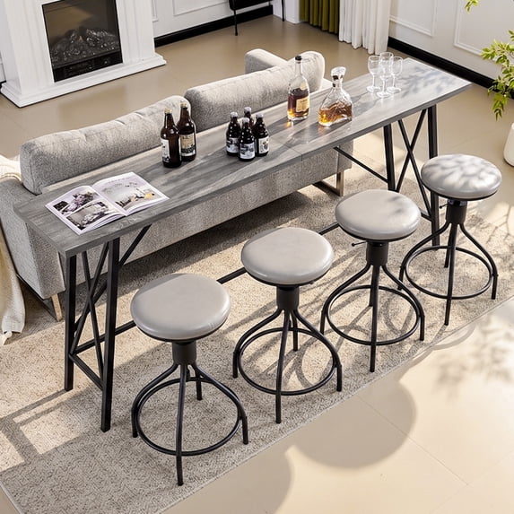 Ktaxon Mid-Century Modern 84" Bar Table and Chairs Set for 4~6, Pub Set for 4 with PU Padded Barstools Swivel Stool Dining Table Set, Modern Dining Set for 4, Gray Oak