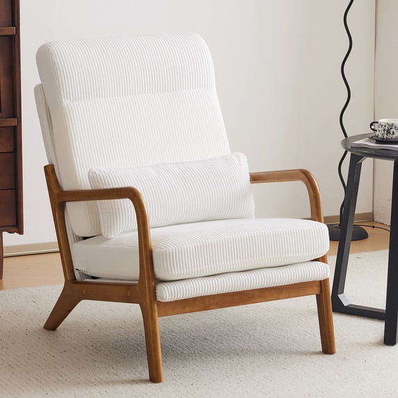 Ktaxon Mid Century Modern Accent Chair, Corduroy Armchair, High Back Single Sofa with Solid Wood Frame White