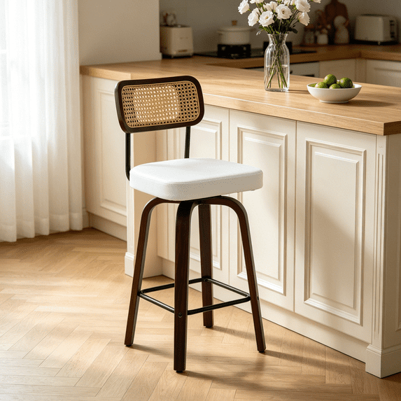 Ktaxon Mid-Century Modern Bar Stools 1 Pcs, Swivel Barstools 26" Counter Height with Padded Seat, Footrest & Backrest, Breakfast Kitchen Stools for Dining Room, Cafe, Bar Counter, White