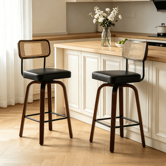 Ktaxon Mid-Century Modern Bar Stools Set of 2, Swivel Barstools 26" Counter Height with Padded Seat, Footrest & Backrest, Breakfast Kitchen Stools for Dining Room, Cafe, Bar Counter, Black