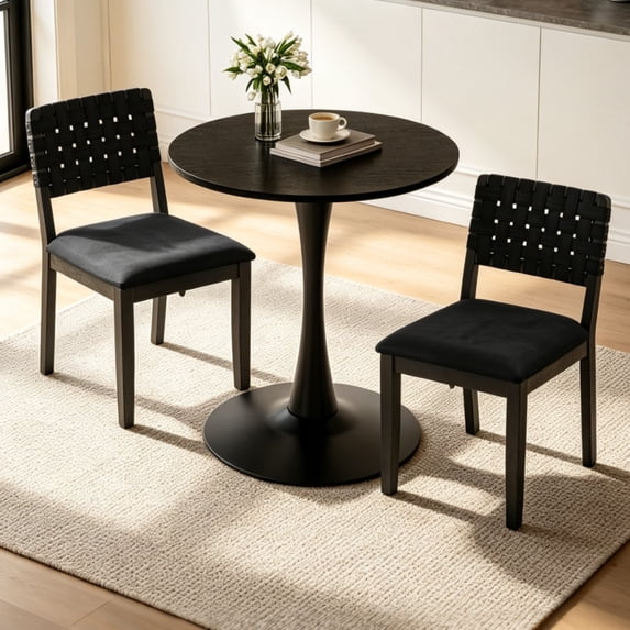 Ktaxon Mid-Century Modern Dining Table Ser for 2, Round Tulip Dining Table with 2 Soft Padded Side Chairs, 3 Pieces Kitchen Table Set for Small Spaces, Dining Room, Black