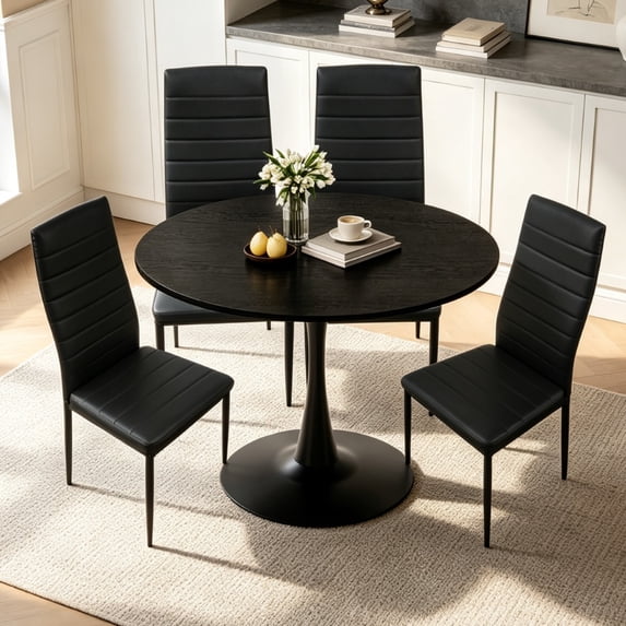 Ktaxon Mid-Century Modern Dining Table Set for 4, Round Tulip Dining Table with 4 Soft Padded Side Chairs, 5 Pieces Kitchen Table Set for Small Spaces, Dining Room, Black