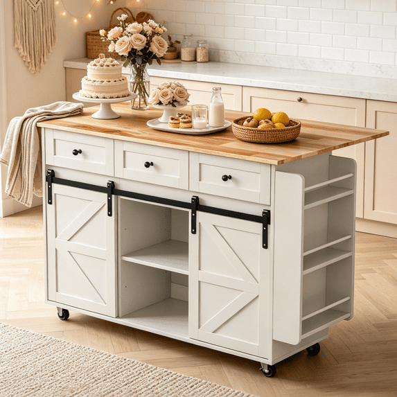 Ktaxon Mid-Century Modern Kitchen Island Cart with Storage, 47.2" Rolling Kitchen Storage Island on Wheels with 3 Drawers, Farmhouse Island Table with Spice Rack & Drop Leaf, White
