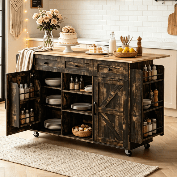 Ktaxon Mid-Century Modern Kitchen Island Cart with Storage, 47.2" Rolling Kitchen Storage Island on Wheels with 3 Drawers, Farmhouse Island Table with Spice Rack & Drop Leaf, Black Oak