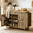 thumbnail image 1 of Ktaxon Mid-Century Modern Kitchen Island Cart with Storage, 47.2" Rolling Kitchen Storage Island on Wheels with 3 Drawers, Farmhouse Island Table with Spice Rack & Drop Leaf, Rustic Oak, 1 of 12
