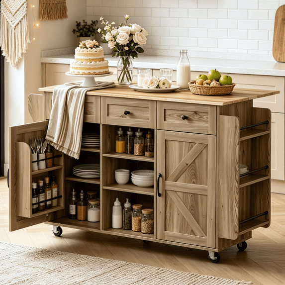Ktaxon Mid-Century Modern Kitchen Island Cart with Storage, 47.2" Rolling Kitchen Storage Island on Wheels with 3 Drawers, Farmhouse Island Table with Spice Rack & Drop Leaf, Rustic Oak