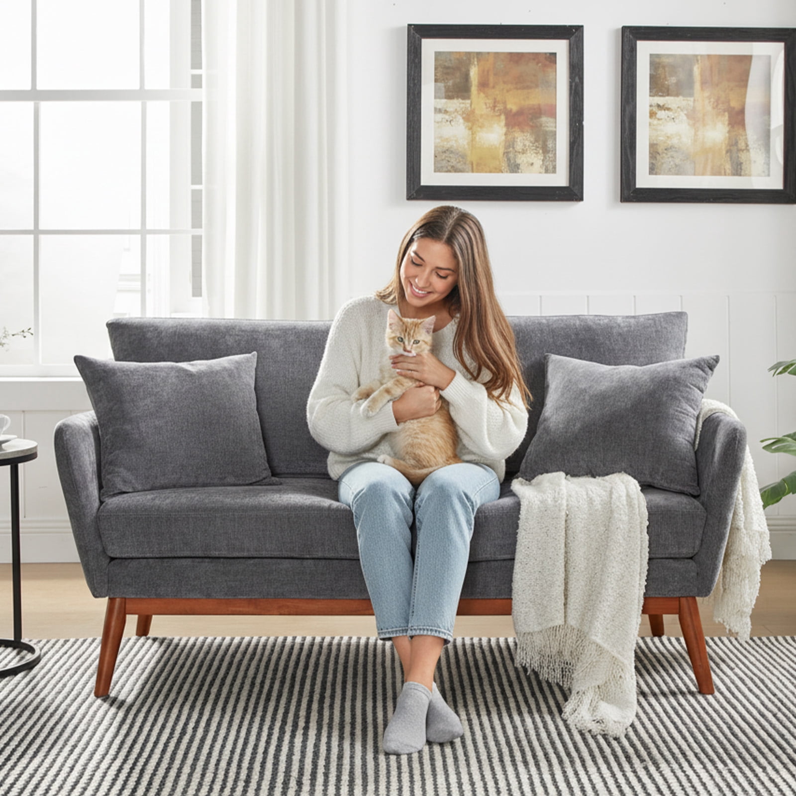 Ktaxon Mid-Century Modern Loveseat, Linen Blend 2-Seater Sofa, Solid Wood Frame Couch for Living Room, Apartment Gray