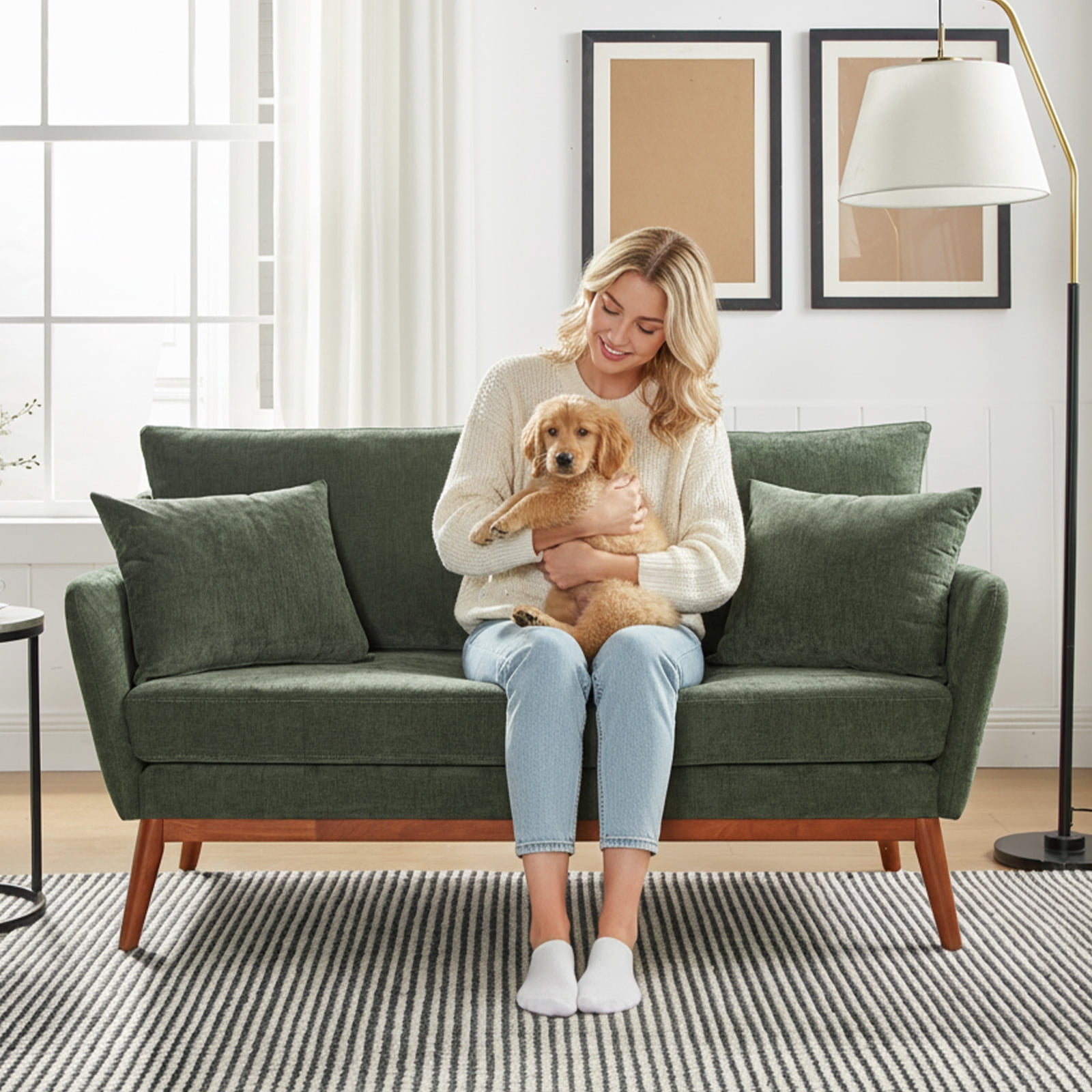 Ktaxon Mid-Century Modern Loveseat, Linen Blend 2-Seater Sofa, Solid Wood Frame Couch for Living Room, Apartment Green