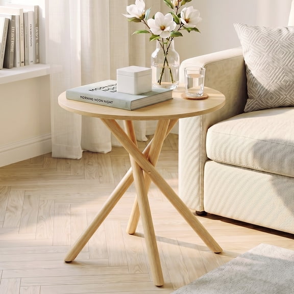Ktaxon Mid-Century Modern Side Table, Sofa Side Round Table 23.6" Farmhouse End Table with Cross Legs, Adjustable feet for Livinng Room, Bedroom, Home, Natural
