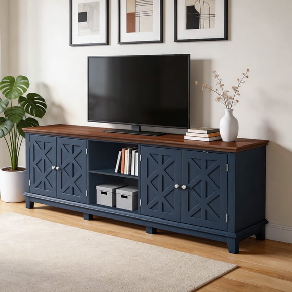 Ktaxon Mid-Century Modern TV Stand, 72.04" Farmhouse Entertainment Center with 4 Doors & Open Shelves, Wood Media Console TV Table, Navy Blue
