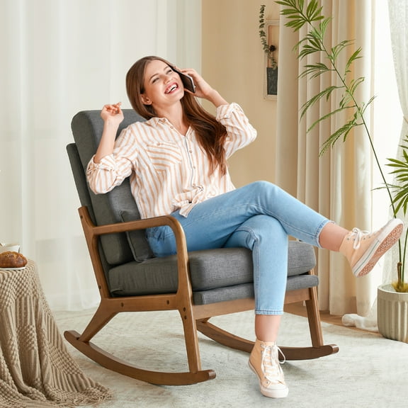 Ktaxon Mid Century Rocking Nursery Chair Solid Wood Frame Accent Chair, Line fabric Upholstered Glider Rocker Modern Padded Armchair with Lumbar Pillow Dark Gray