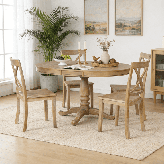 Ktaxon Mid-Century Round Dining Table Set for 4, Extending Wood Pedestal Table with 4 Padded High Back Chairs, Expandable Kitchen Table and Chairs Set for Small Space, Home, Natural Wood