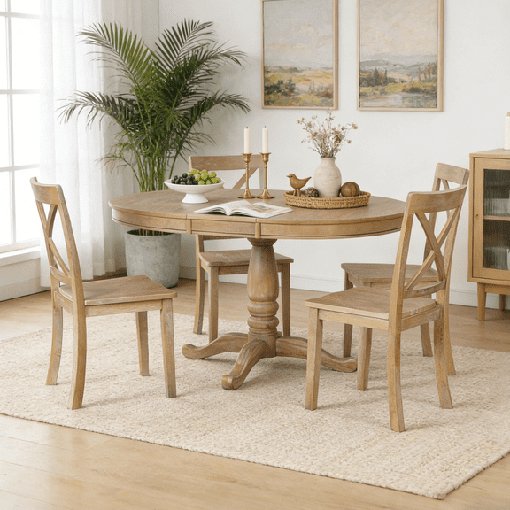 Ktaxon Mid-Century Round Dining Table Set for 4, Extending Wood Pedestal Table with 4 Padded High Back Chairs, Expandable Kitchen Table and Chairs Set for Small Space, Home, Natural Wood