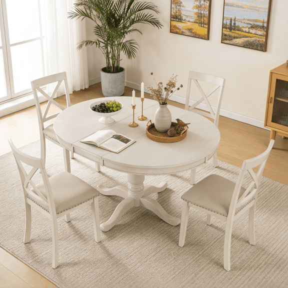 Ktaxon Mid-Century Round Dining Table Set for 4, Extending Wood Pedestal Table with 4 Padded High Back Chairs, Expandable Kitchen Table and Chairs Set for Small Space, Home, Ivory White