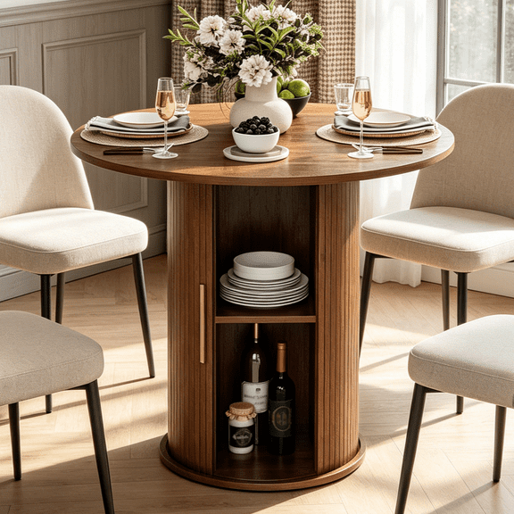 Ktaxon Mid-Century Round Dining Table for 2, 31.5" Modern Dining Room Table with 2-Tier Storage for Small Spaces, Kitchen, Home, Apartment Friendly, Walnut