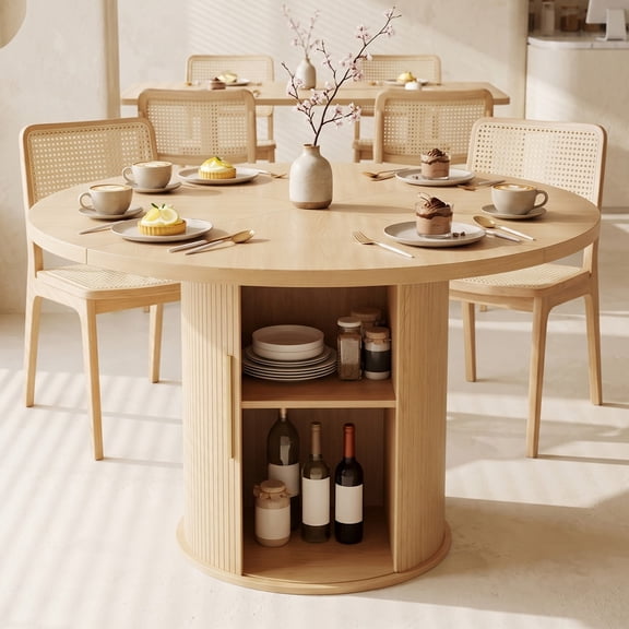 Ktaxon Mid-Century Round Dining Table for 4, 47" Modern Dining Room Table with 2-Tier Storage for Kitchen, Dining Room, Home, Oak