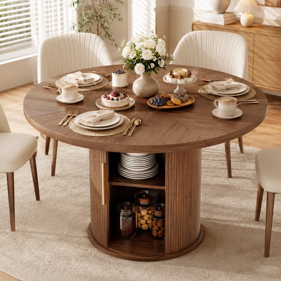 Ktaxon Mid-Century Round Dining Table for 4, 47" Modern Dining Room Table with 2-Tier Storage for Kitchen, Dining Room, Home, Walnut