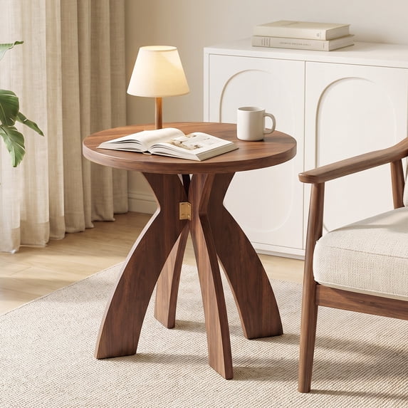 Ktaxon Mid-Century Sofa Table, 23.6" Wood End Table with Curved Legs, Multifunctional Nightstand Compact Round Side Table, for Living Room, Bedroom, Balcony, Home Office, Walnut