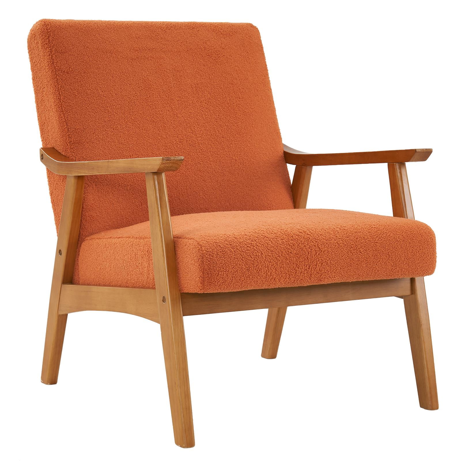 Polibi Mid-Century Modern Orange Velvet Accent Chair with Solid Wood and Thick Seat Cushion