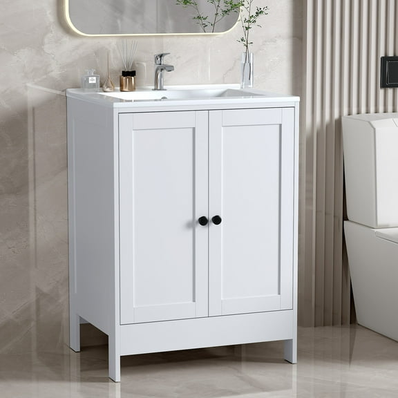 Ktaxon Modern 24'' Bathroom Vanity Cabinet, Double - door Back Storage, without Sink Ceramic Top, White (Only Cabinet)