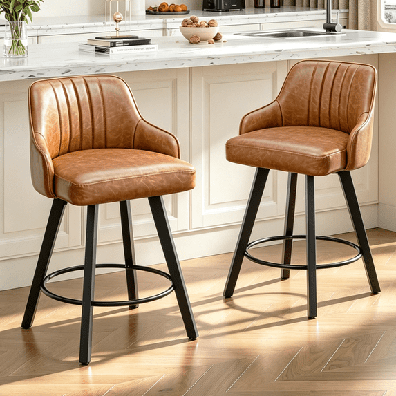 Ktaxon Modern 24in Bar Stools Set of 2, Swivel Barstool with Thick Padded Backrest and Wood Legs, Bar Height Bar Chairs 2 PCS for Kitchen Island, Home Bar, Breakfast Counter, Brown