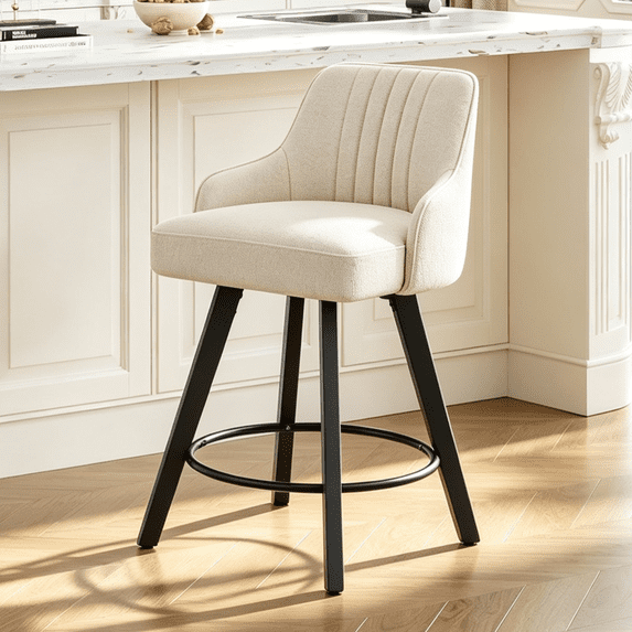 Ktaxon Modern 24in Bar Stools, Swivel Barstool with Thick Padded Backrest and Wood Legs, Bar Height Bar Chairs 1 PCS for Kitchen Island, Home Bar, Breakfast Counter, Beige