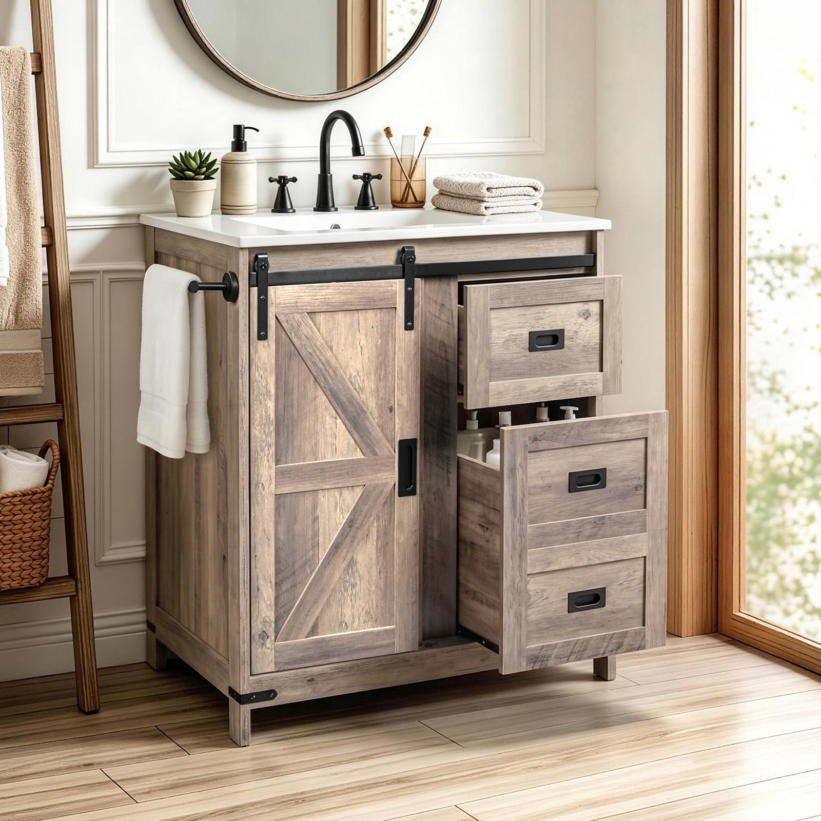 Ktaxon 30'' Farmhouse Bathroom Vanity with Ceramic Sink Top & Metal Towel Bar, Freestanding Storage Cabinet with Sliding Barn Door & 2 Drawers, Washed Gray (Split Two Packages for Delivery)