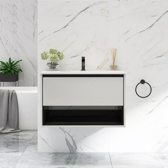 Ktaxon Modern 30 Inch Floating Bathroom Vanity with Sink, Wall Mounted Bathroom Cabinet with Drawer & Storage Shelf Space Saver Organizer, White & Black