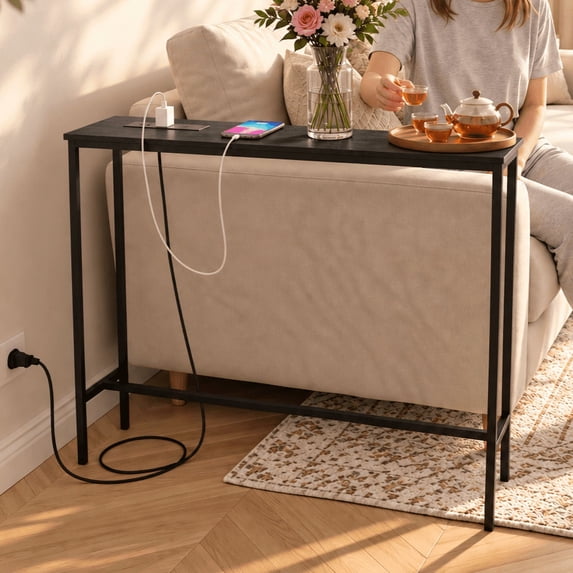 Ktaxon Modern 31.5" Narrow Console Sofa Table with 1 Charging, Long Couch Table Metal Frame with 4.9ft Extension Cord, Black