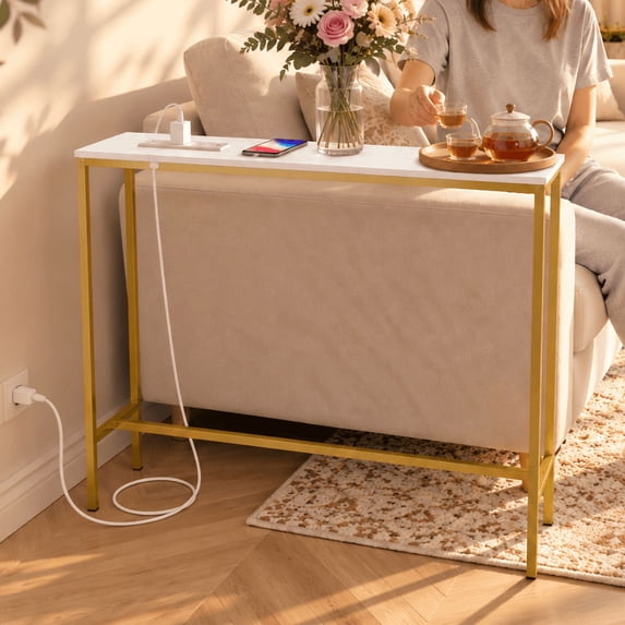 Ktaxon Modern 31.5" Narrow Console Sofa Table with 1 Charging, Long Couch Table Metal Frame with 4.9ft Extension Cord, Gold & White