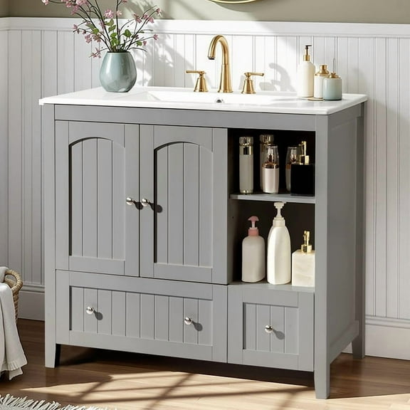 Ktaxon Modern 36'' Bathroom Vanity Set with Sink Ceramic Top, Freestanding Cabinet Storage Space Saver, Gray(Split Two Packages for Delivery)
