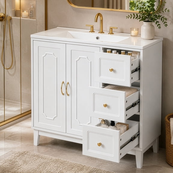 Ktaxon 36'' Bathroom Vanity Set with Ceramic Sink Top, Freestanding Bathroom Storage Cabinet with Drawers and Shelves, White(Split Two Packages for Delivery)