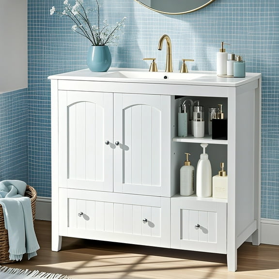 Ktaxon Modern 36'' Bathroom Vanity Set with Sink Ceramic Top, Freestanding Cabinet Storage Space Saver, White (Split Two Packages for Delivery)