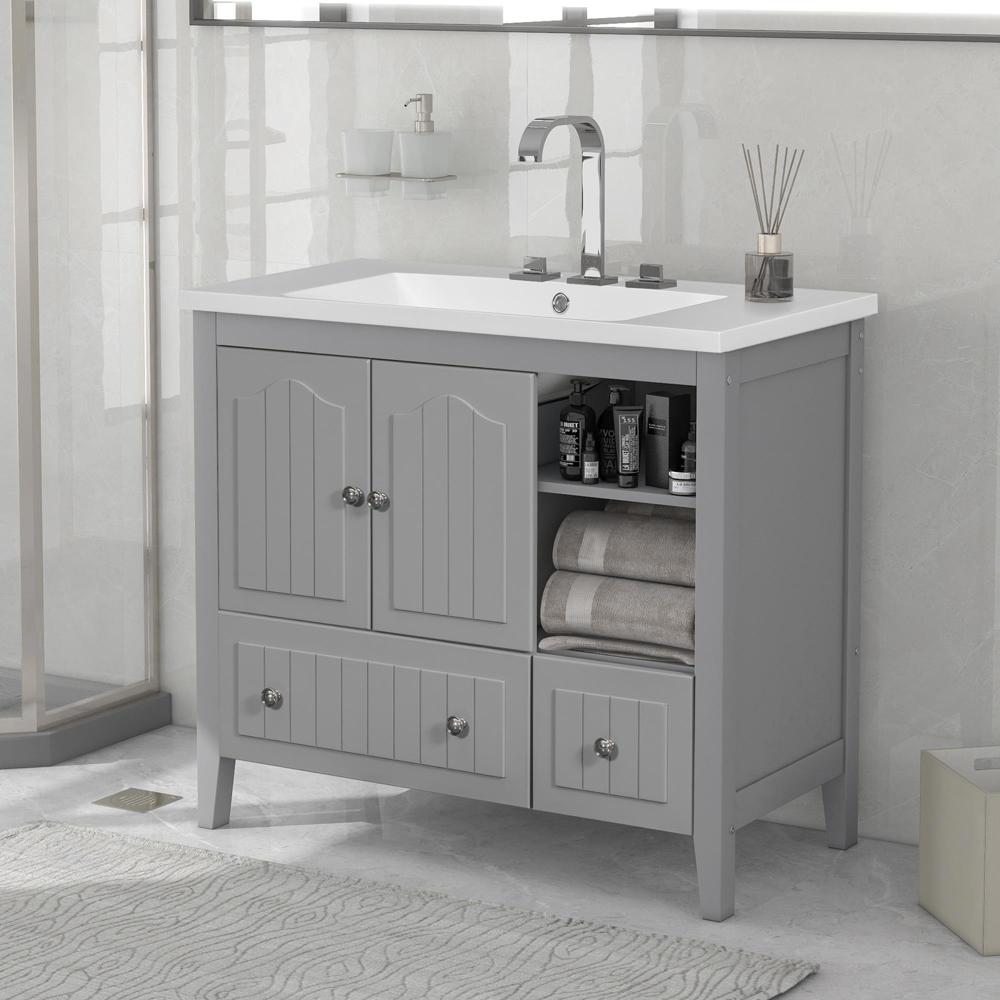 Ktaxon Modern 36'' Bathroom Vanity Set with Sink Ceramic Top, Freestanding Cabinet Storage Space Saver, Gray(Split Two Packages for Delivery)