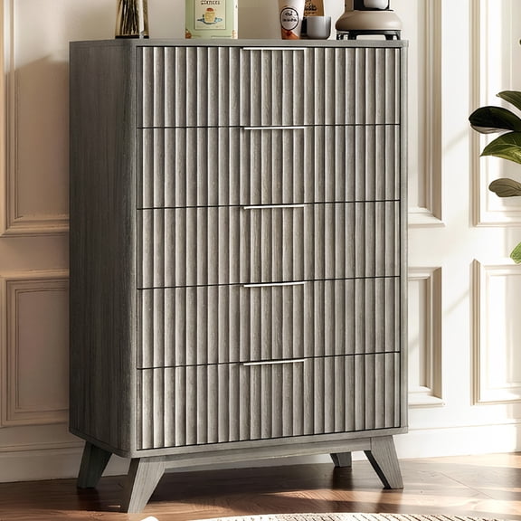 Ktaxon Fluted Tall 5 Drawer Dresser Solid Wood Chest of Drawers with Soft Close Slides Storage Cabinet for Bedroom Living Room Entryway Gray
