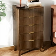 Ktaxon Modern 5 Drawer Dresser Fluted Wood Chest of Drawers with Soft Close Slides Storage Cabinet for Bedroom Living Room Entryway Walnut