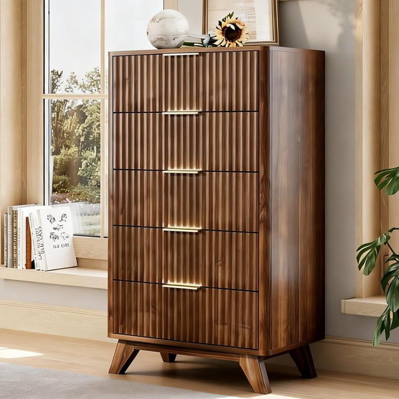 Ktaxon Fluted Tall 5 Drawer Dresser Solid Wood Chest of Drawers with Soft Close Slides Storage Cabinet for Bedroom Living Room Entryway Walnut