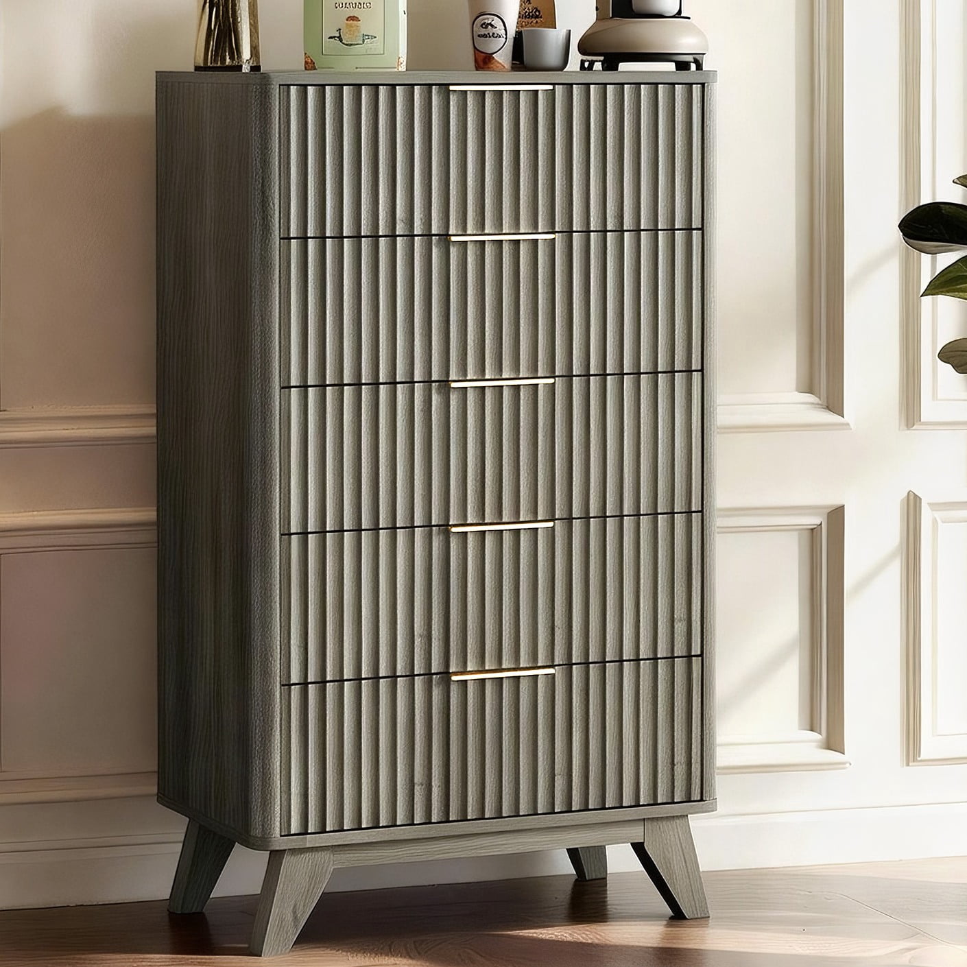 Ktaxon Fluted Tall 5 Drawer Dresser Solid Wood Chest of Drawers with Soft Close Slides Storage Cabinet for Bedroom Living Room Entryway Gray