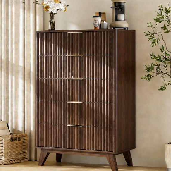Ktaxon Fluted Large 5 Drawer Dresser Solid Wood Chest of Drawers with Soft Close Slides Storage Cabinet for Bedroom Living Room Entryway Walnut