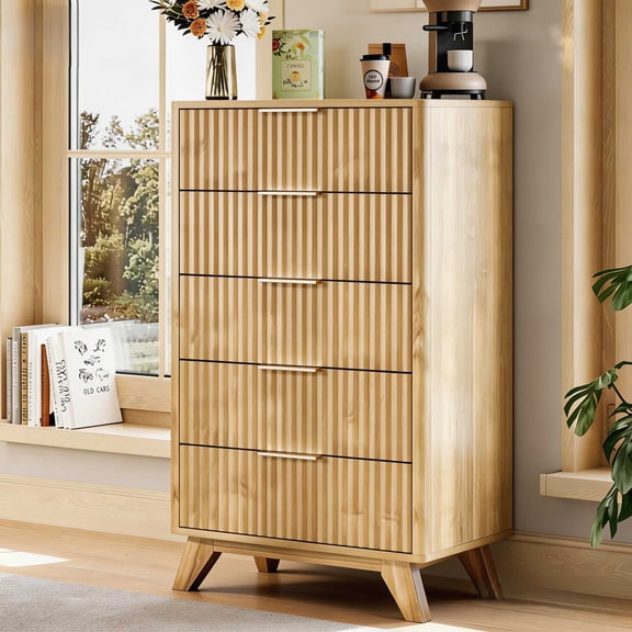 Ktaxon Fluted Tall 5 Drawer Dresser Solid Wood Chest of Drawers with Soft Close Slides Storage Cabinet for Bedroom Living Room Entryway Oak