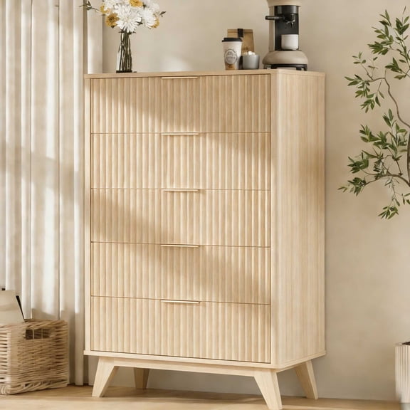 Ktaxon Fluted Large 5 Drawer Dresser Solid Wood Chest of Drawers with Soft Close Slides Storage Cabinet for Bedroom Living Room Entryway Walnut