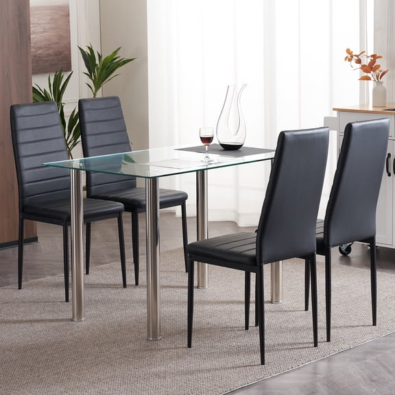 Ktaxon Modern 5 Piece Dining Table Set for 4, Glass Kitchen Table with 4 Highback Padded Upholstered Chairs for Dining Room, Kitchen, Family Dinners, Breakfast, Black