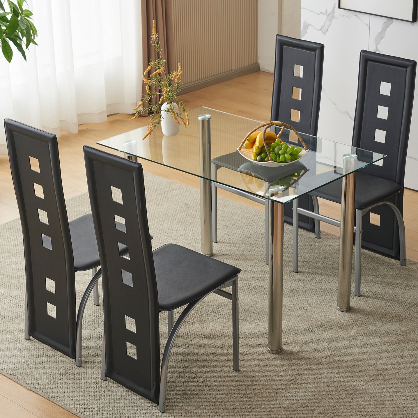 Ktaxon Modern 5 Piece Dining Table Set for 4, Glass Kitchen Table with 4 PU Padded Upholstered Chairs for Family Dinners, Breakfast, Black