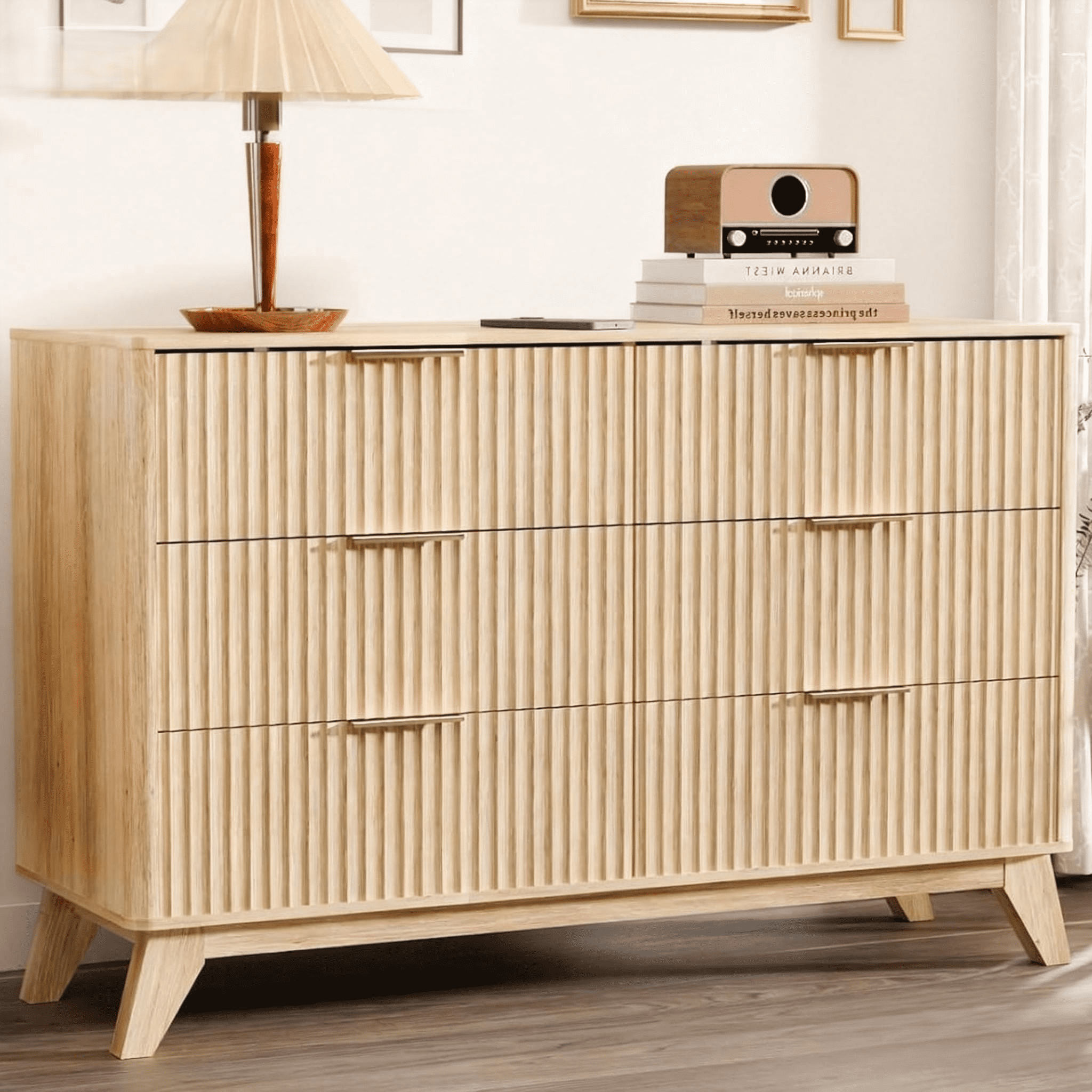 Ktaxon Fluted Dresser 6 Drawer Dresser Wood Chest of Drawers Storage Cabinet for Bedroom, Living Room Entryway Mid Century Oak