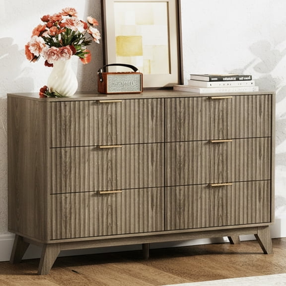 Ktaxon Modern 6 Drawer Dresser Fluted Wood Chest of Drawers with Soft Close Slides Storage Cabinet for Bedroom, Living Room, or Entryway Gray