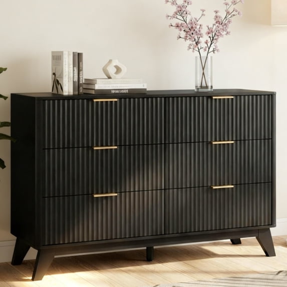 Ktaxon Modern 6 Drawer Dresser Fluted Wood Chest of Drawers with Soft Close Slides Storage Cabinet for Bedroom, Living Room, or Entryway Black