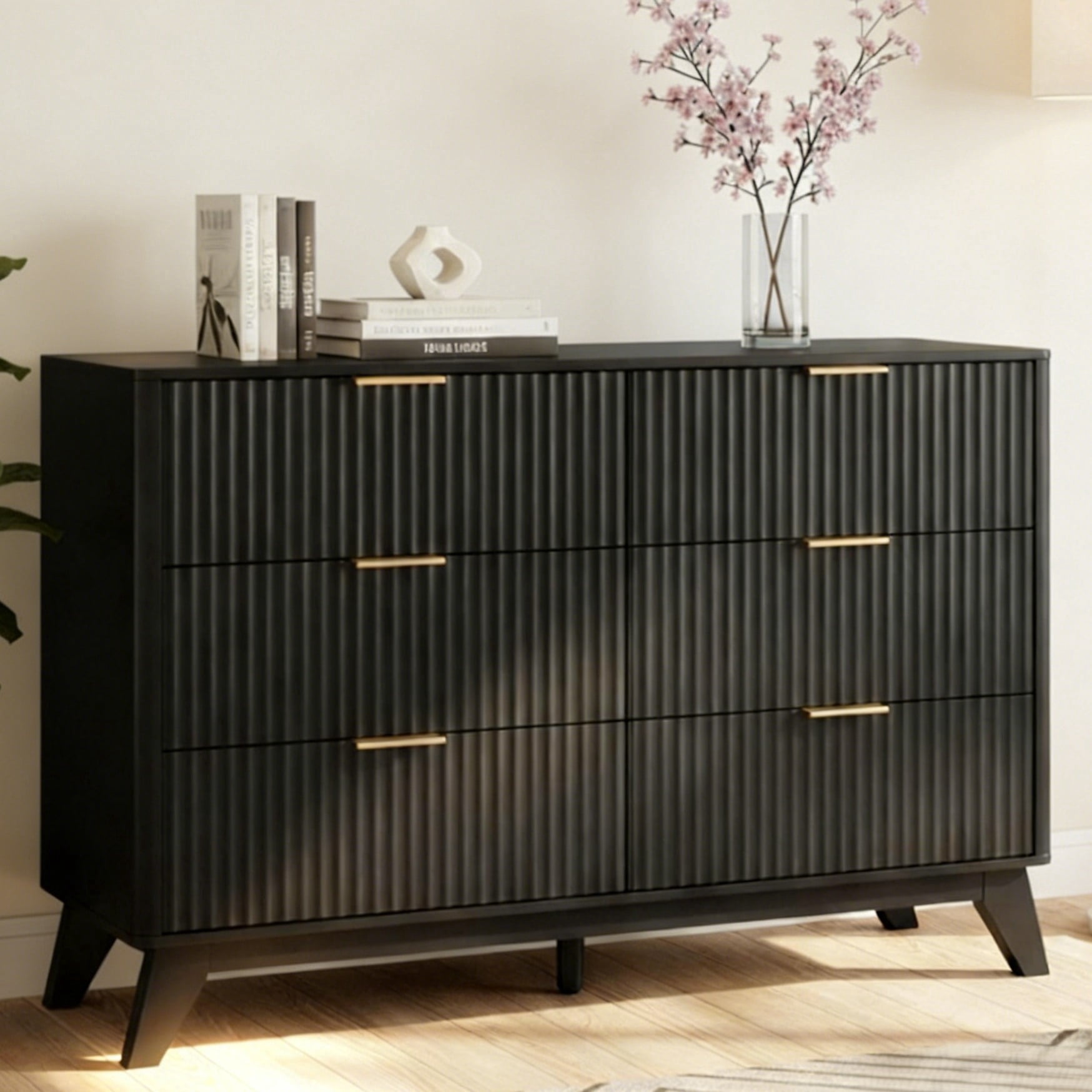 Ktaxon Modern 6 Drawer Dresser Fluted Wood Chest of Drawers with Soft Close Slides Storage Cabinet for Bedroom Living Room or Entryway Black